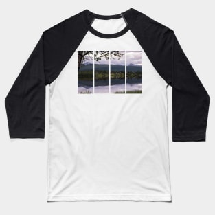 Wonderful landscapes in Norway. Nordland. Beautiful scenery of a valley with houses on the hill. Mirror in the lake. Calm water in a cloudy summer day. Snowed mountains in background. Baseball T-Shirt